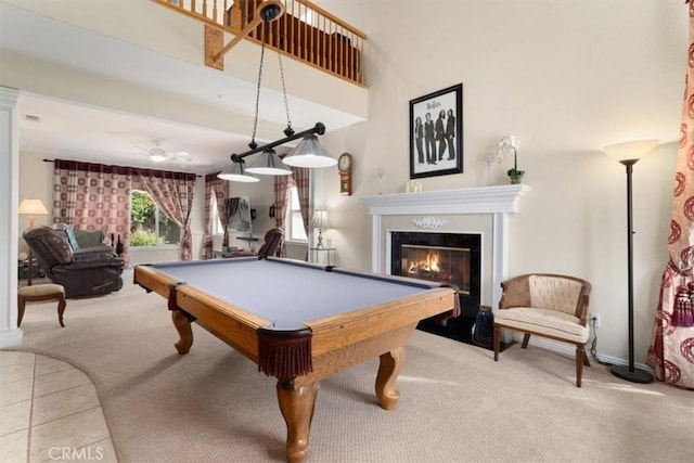 rec room featuring light colored carpet and billiards