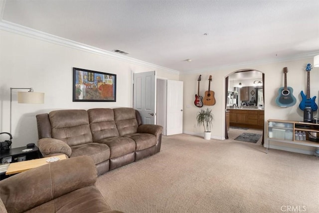 living room with light carpet and ornamental molding