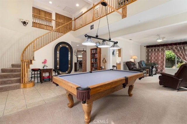 playroom featuring light tile patterned floors, a towering ceiling, ceiling fan, and billiards