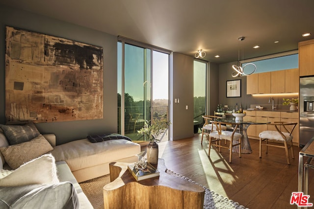 living room with a chandelier, wood-type flooring, floor to ceiling windows, and sink