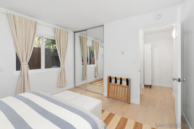 bedroom featuring hardwood / wood-style floors and a closet