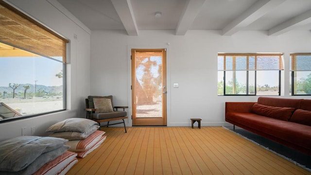 living room with beamed ceiling, light wood-type flooring, and plenty of natural light