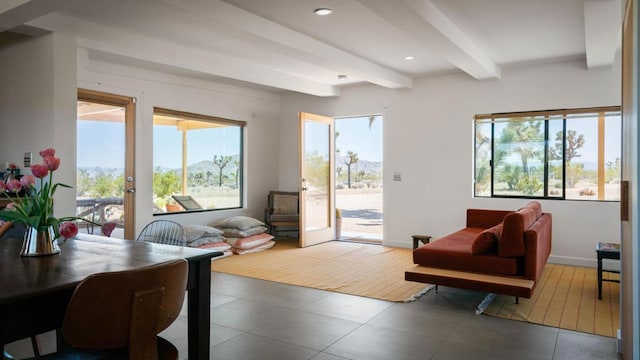 interior space featuring hardwood / wood-style floors and beam ceiling