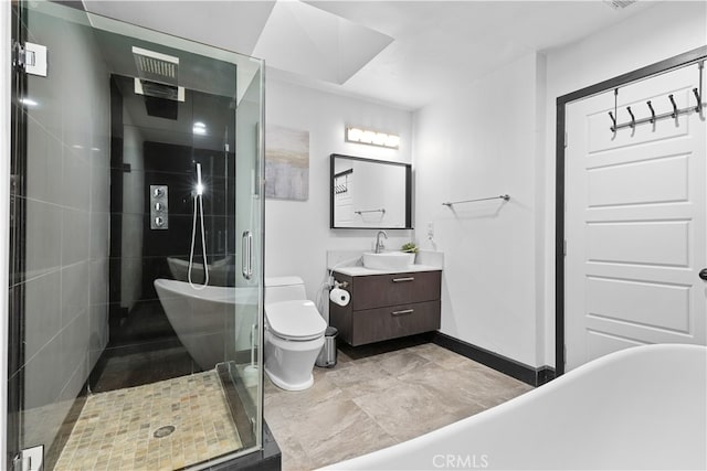 full bathroom with vanity, independent shower and bath, and toilet