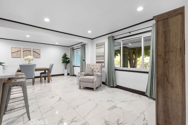 sitting room with a wealth of natural light and ornamental molding