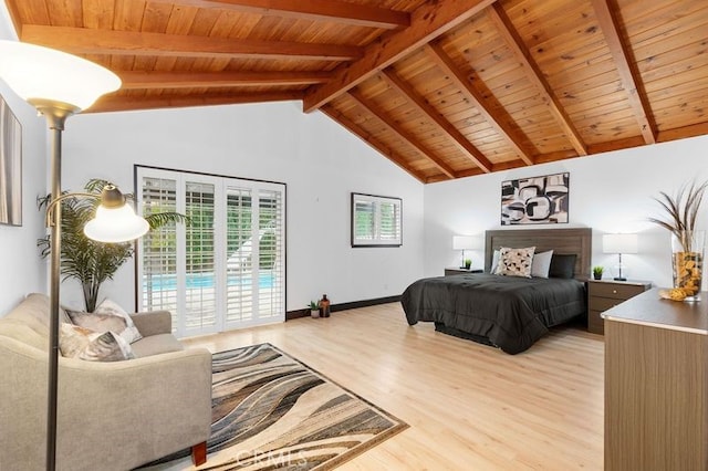 bedroom featuring beam ceiling, high vaulted ceiling, light hardwood / wood-style flooring, and wooden ceiling