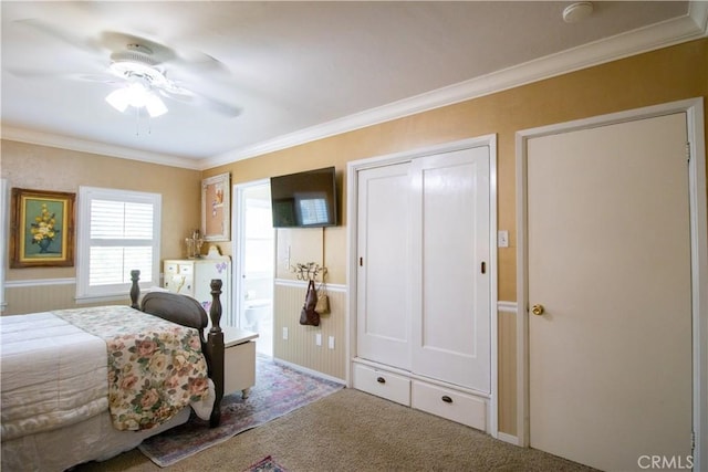 carpeted bedroom with a closet, ceiling fan, and crown molding