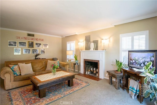 living room featuring carpet flooring, a brick fireplace, and ornamental molding