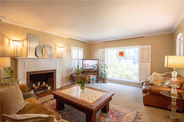 carpeted living room featuring crown molding and a brick fireplace