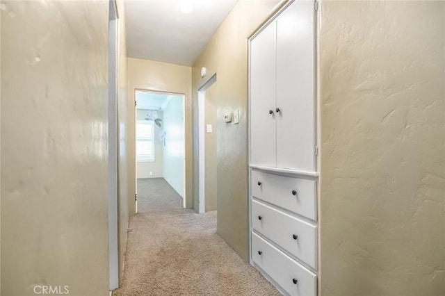 hall with light colored carpet and a textured wall