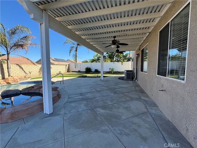 view of patio / terrace with ceiling fan and central air condition unit