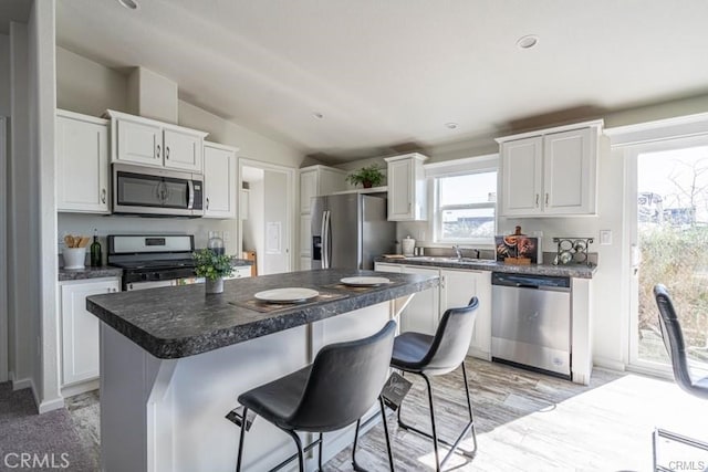 kitchen with white cabinetry, stainless steel appliances, and lofted ceiling