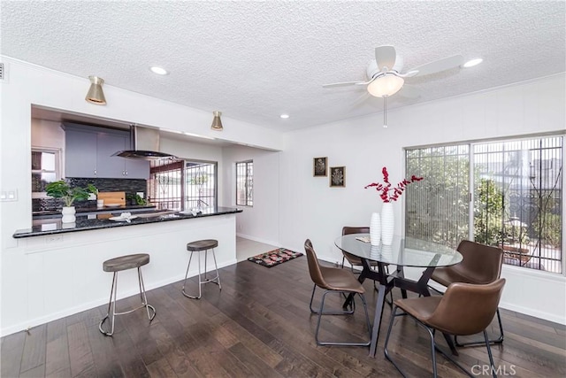 dining area featuring dark hardwood / wood-style floors, ceiling fan, and a textured ceiling