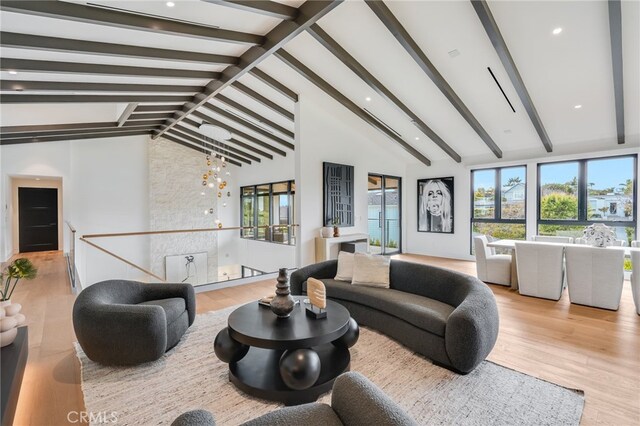 427 Santa Ana Ave, Newport Beach, CA 92663 - living room featuring wood finished floors, recessed lighting, and a chandelier