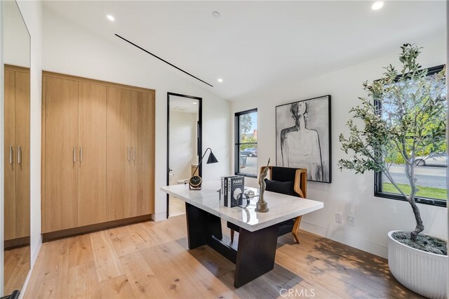 427 Santa Ana Ave, Newport Beach, CA 92663 - office featuring vaulted ceiling, light wood finished floors, recessed lighting, and baseboards