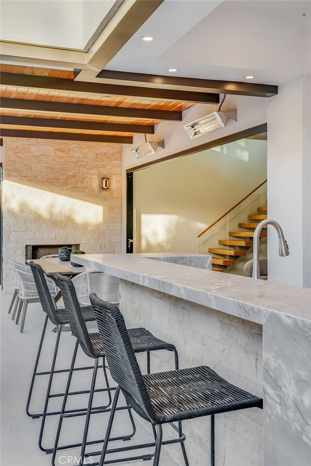427 Santa Ana Ave, Newport Beach, CA 92663 - dining area featuring wood ceiling with exposed beams, stairway, and recessed lighting