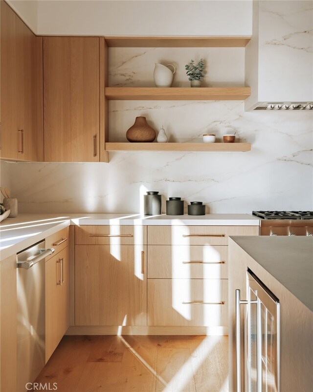 427 Santa Ana Ave, Newport Beach, CA 92663 - kitchen with open shelves, wine cooler, dishwasher, and light countertops
