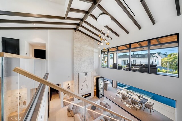 427 Santa Ana Ave, Newport Beach, CA 92663 - staircase featuring beamed ceiling and high vaulted ceiling