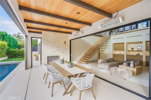 427 Santa Ana Ave, Newport Beach, CA 92663 - view of patio / terrace featuring stairs, an outdoor pool, an outdoor living space, and outdoor dining area