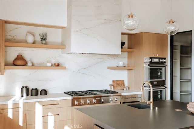 427 Santa Ana Ave, Newport Beach, CA 92663 - kitchen featuring open shelves, modern cabinets, stainless steel appliances, tasteful backsplash, and a sink