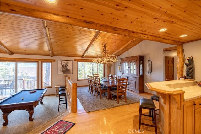 rec room featuring an inviting chandelier, billiards, light hardwood / wood-style flooring, vaulted ceiling with beams, and wood ceiling