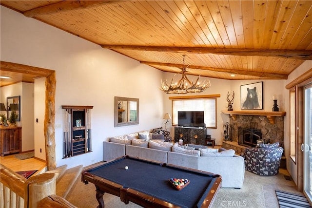 recreation room featuring vaulted ceiling with beams, wooden ceiling, light colored carpet, and a notable chandelier