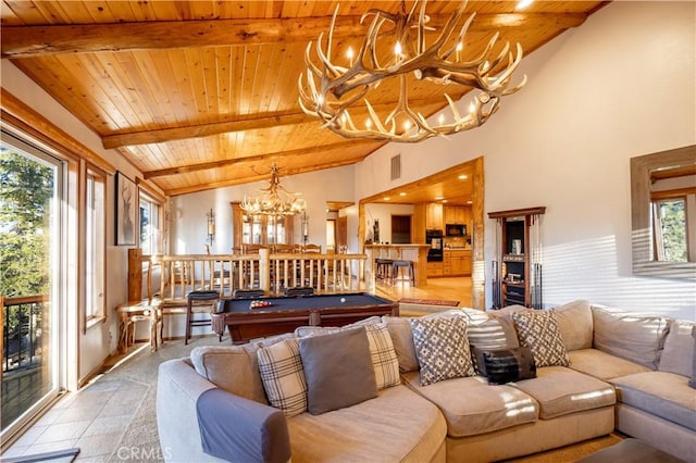 living room with wooden ceiling and billiards