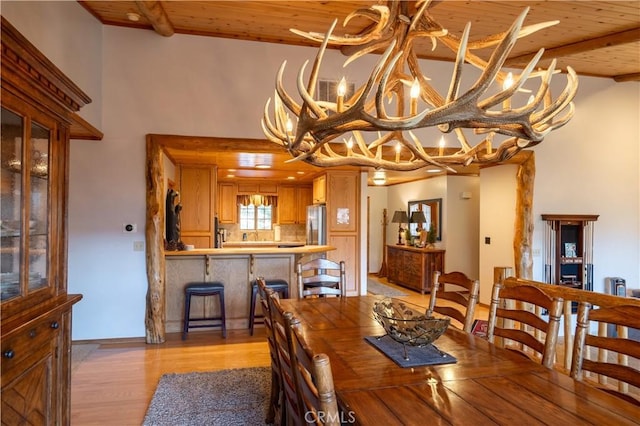 dining space featuring a chandelier, light wood-type flooring, and wood ceiling