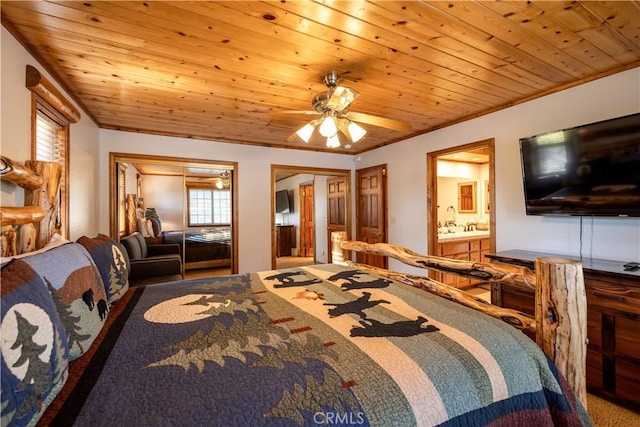 carpeted bedroom with ceiling fan, wood ceiling, and connected bathroom