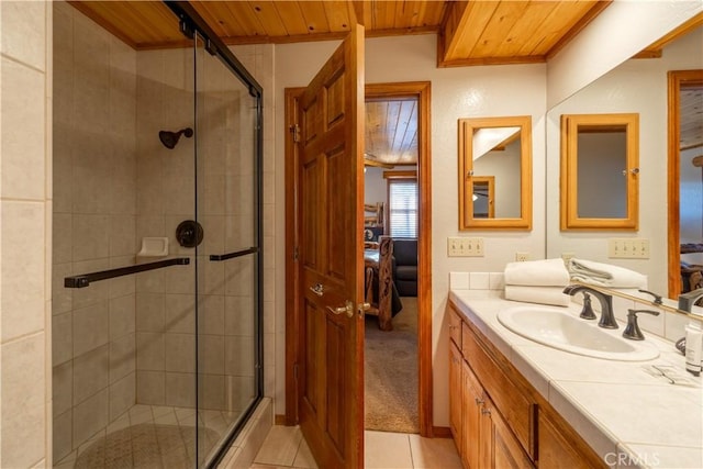 bathroom featuring a shower with door, vanity, wood ceiling, and tile patterned flooring