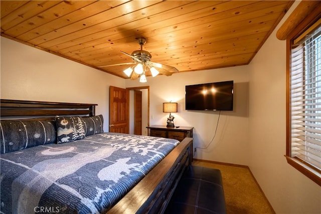 bedroom with carpet flooring, ceiling fan, and wood ceiling