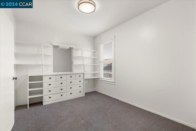 walk in closet featuring dark colored carpet