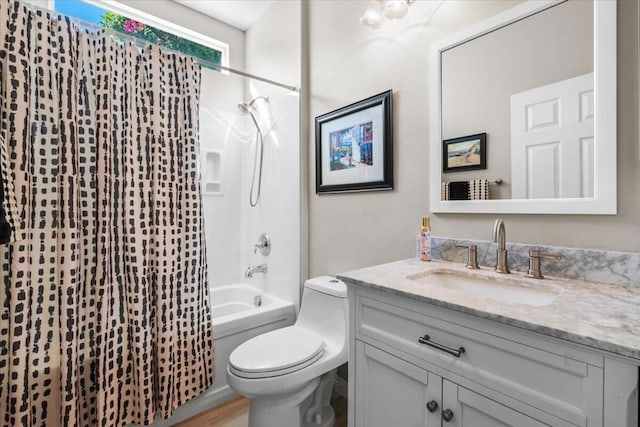 full bathroom with vanity, toilet, wood-type flooring, and shower / bathtub combination with curtain