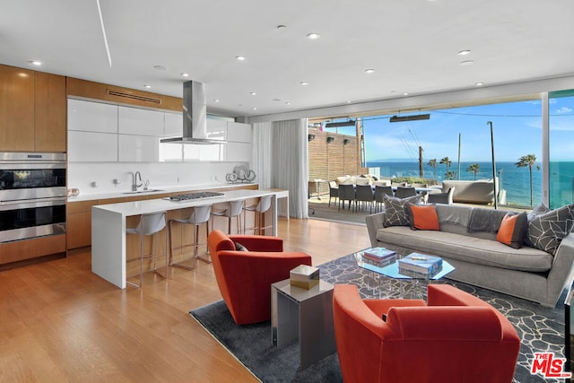 living room with a water view, light hardwood / wood-style floors, and sink