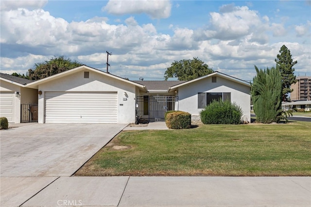 ranch-style home with a garage and a front yard