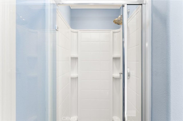 bathroom featuring a shower with door