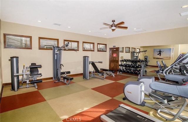 workout room featuring ceiling fan