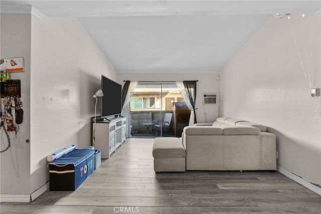 806 Coriander Dr Unit G, Torrance, CA 90502 - living room with wood finished floors, lofted ceiling, and a wall mounted air conditioner