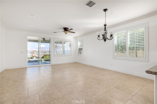 tiled empty room with ceiling fan with notable chandelier and crown molding