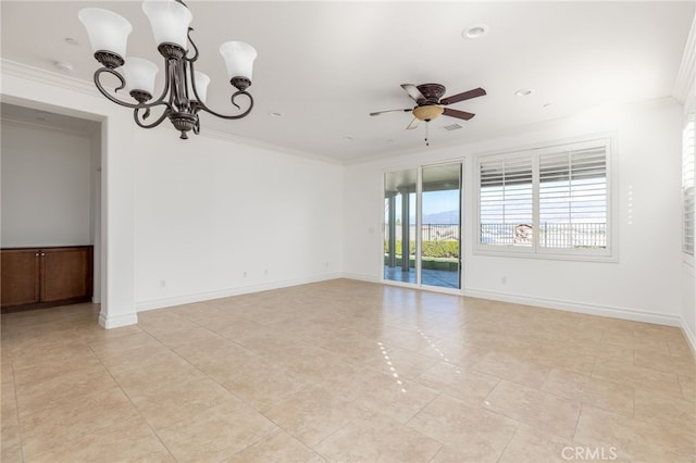 spare room with ceiling fan with notable chandelier and crown molding