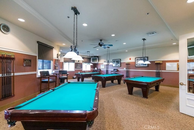 rec room with ceiling fan, light colored carpet, and pool table