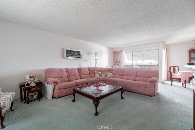 living room with a textured ceiling and carpet flooring