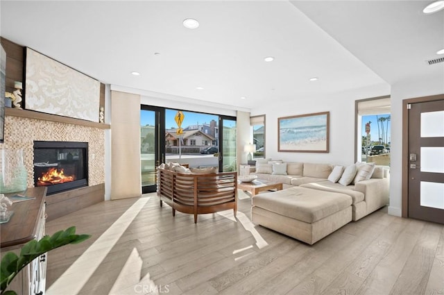 living room featuring a fireplace and light hardwood / wood-style floors