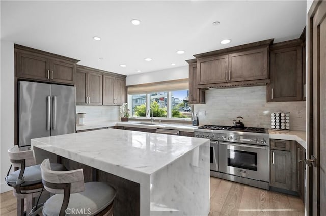 kitchen with sink, decorative backsplash, light hardwood / wood-style floors, appliances with stainless steel finishes, and a kitchen island