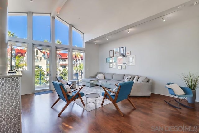 living room featuring beam ceiling, dark hardwood / wood-style flooring, rail lighting, and high vaulted ceiling