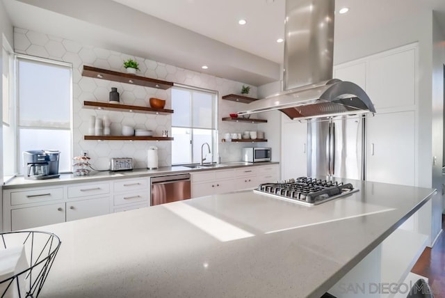 kitchen featuring white cabinets, sink, appliances with stainless steel finishes, tasteful backsplash, and island range hood