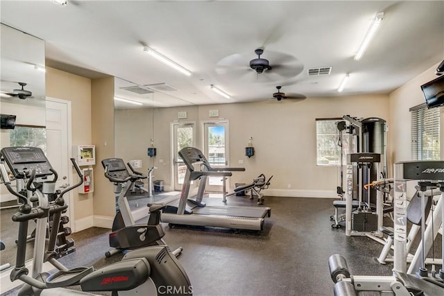 gym featuring ceiling fan