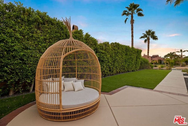 patio terrace at dusk with a lawn