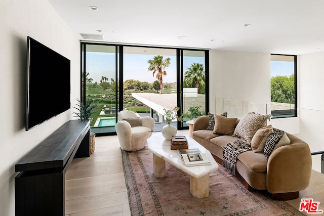 living room featuring a healthy amount of sunlight, a wall of windows, and light hardwood / wood-style flooring