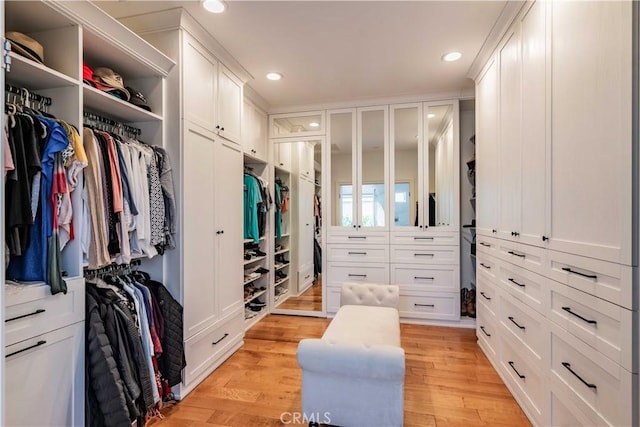 walk in closet with light wood-type flooring